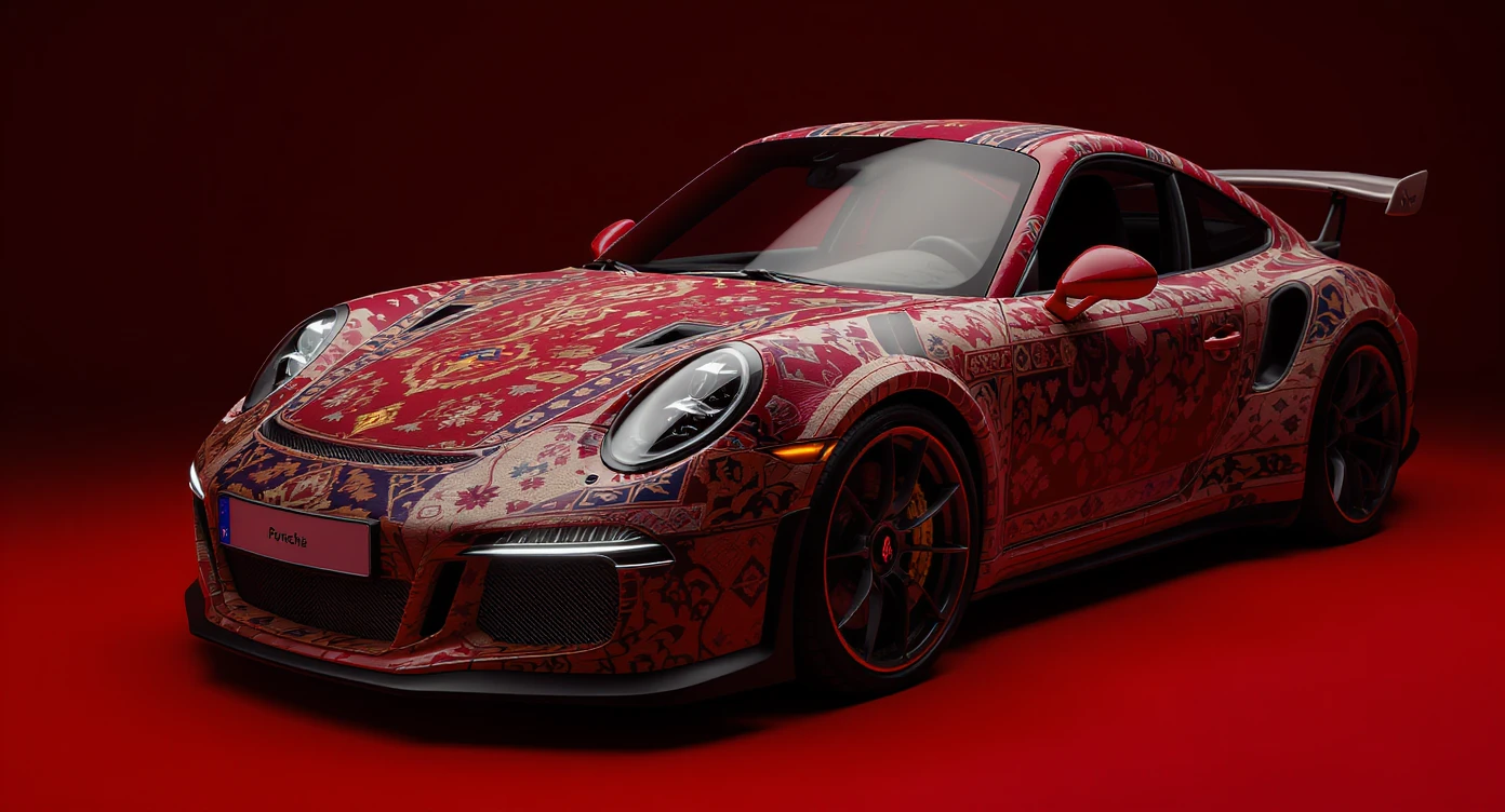 Closeup shot of a porsche 911, body of car made of russian carpet with patterns, red solid studio background, very dark room, top low key light, dutch angle, haze, captured by ARRI 65 emoji