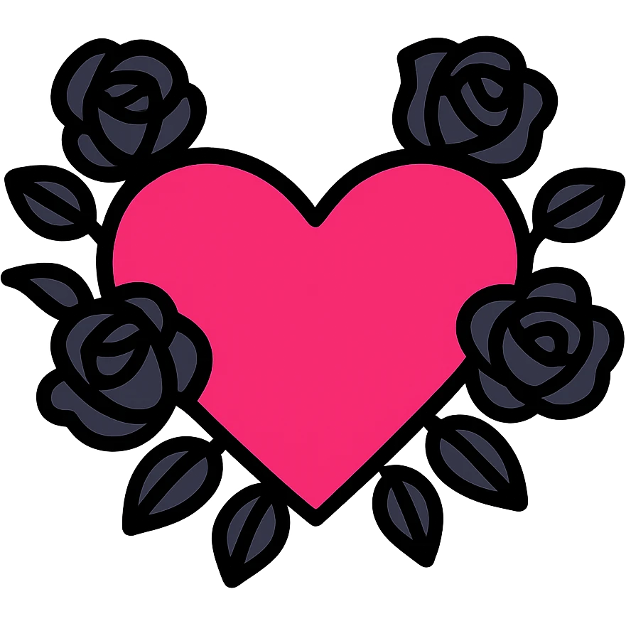 gothic heart with dark roses, color icon style, pink and black emoji