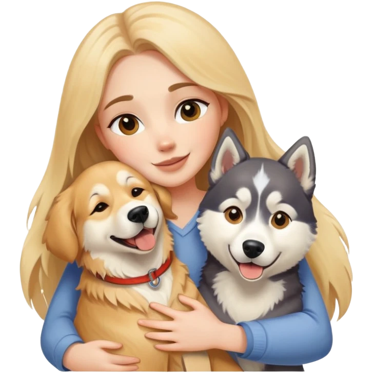 A white girl happily hugs a golden retriever and a husky emoji
