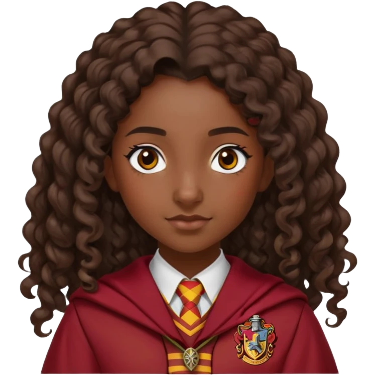 Alicia Spinnet in harry potter, wear hogwarts gryfindor uniform, long, dark, curly ponytail hair, dark skin emoji