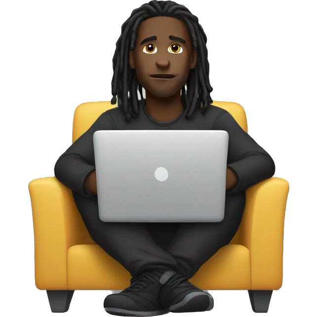 Black-guy-with-dreads-wearing-black-trackstuit-sitting-down-on-chair facing-foward-focused-on-laptop-computer- emoji