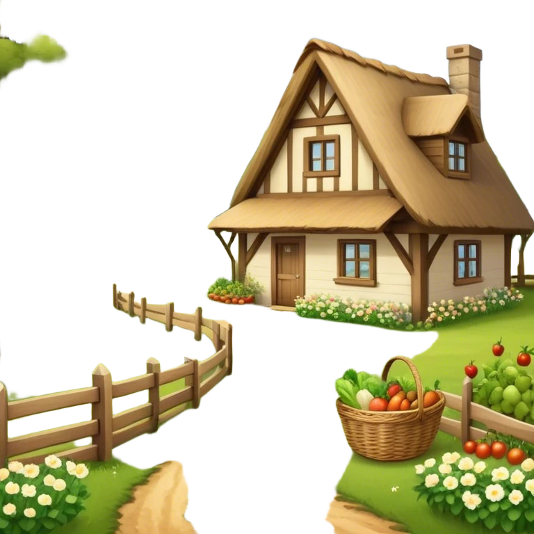Icon for Rural Tourism: a peaceful countryside scene with a wooden cottage, a dirt path, grazing animals, and a basket of fresh produce. The icon should represent the tranquility and charm of rural life. Transparent background. emoji