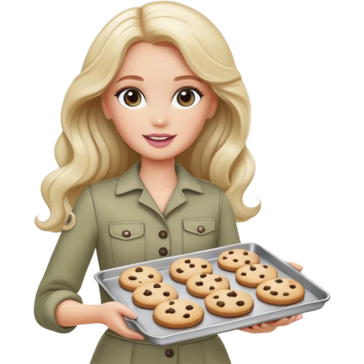 A white Barbie girl with long dark brown wave hair in a pale olive clothes holds a Baking tray with cookies emoji