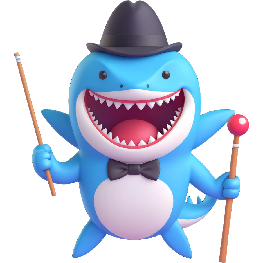 Add a cane to the cartoon shark with a black top hat, keep the 3D emoji style, no background. emoji