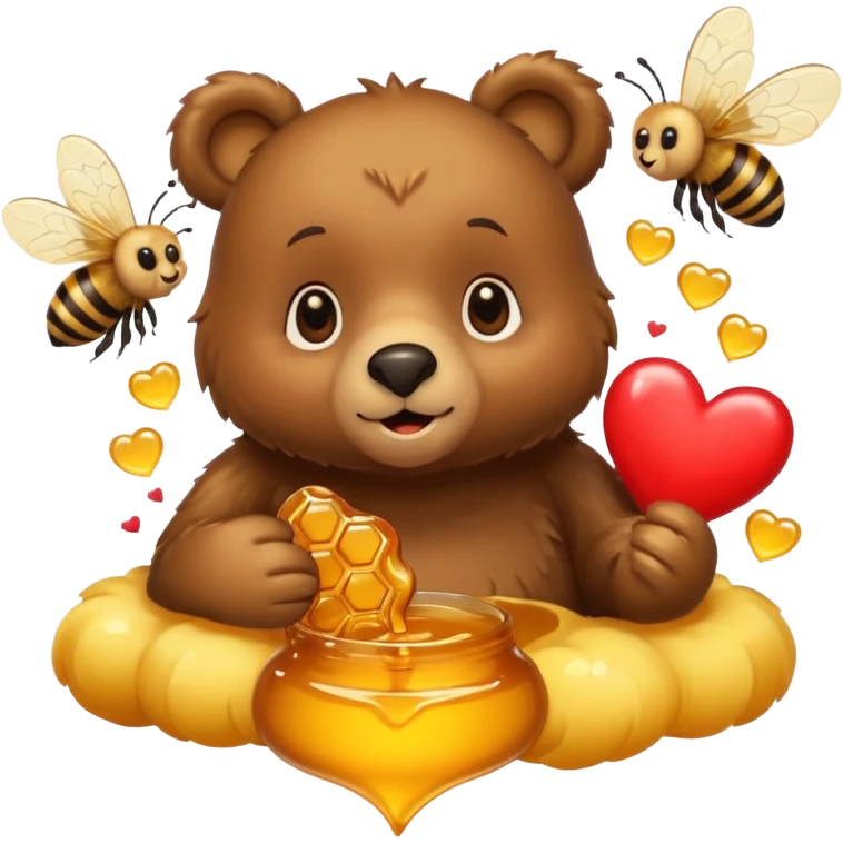 a cute bear with honey and bee and hearts emoji