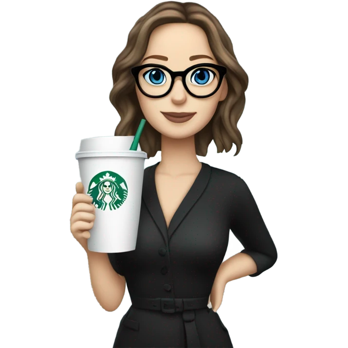 Photo of Brunette Jennifer Lawrence wearing black glasses and blue eyes drinking Starbucks  emoji
