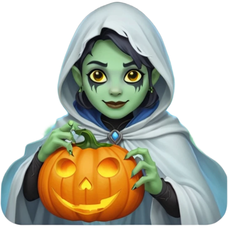female orc ghost emoji, green skin, tusks, gentle smile, wearing flowing white ghost cloak with black eye holes, holding pumpkin lantern, faint glowing blue mist, Halloween fantasy, smooth Apple emoji style, white background, square emoji