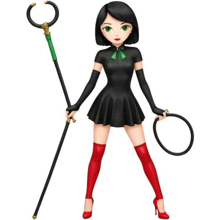 🕵🏻‍♀️💦🧥 black hair , green eyes , full body , red high heels , whip , black latex dress emoji
