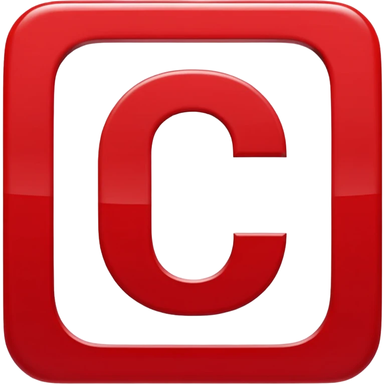 A bold white capital letter "C" centered inside a red rounded square, flat emoji design, glossy shiny light reflection on the top left, same style as 🅱️ emoji, simple and clean, transparent background, no extra elements emoji
