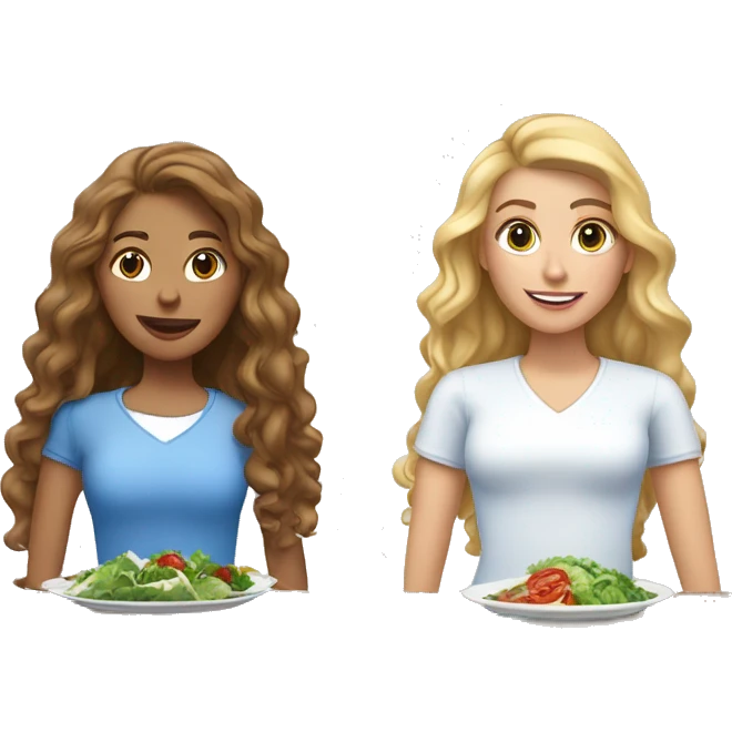 2 women, one with straight blonde hair and the other with long brown curly hair. Both wearing long sleeved blue and white shirts. Plate of past and bowl of salad in front of them emoji