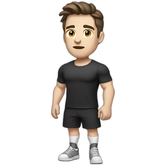 Confused Pale skinned Fit Man With the biceps and dark brown hair in black shirt, gray sports shorts and white Sneakers emoji