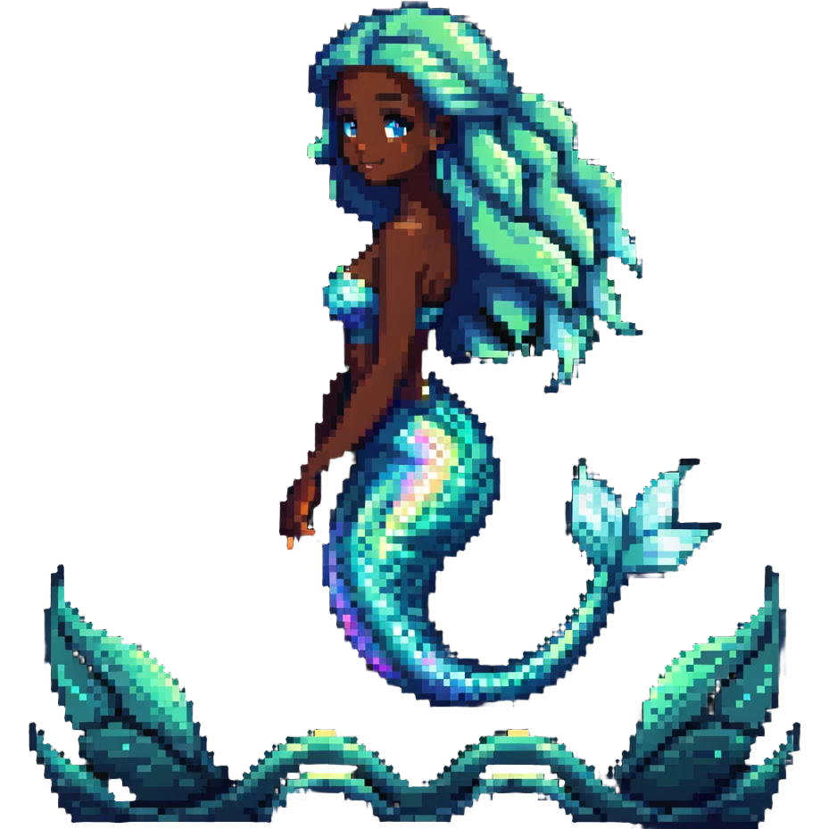 Dark-skinned mermaid with glowing iridescent tail in ocean setting emoji