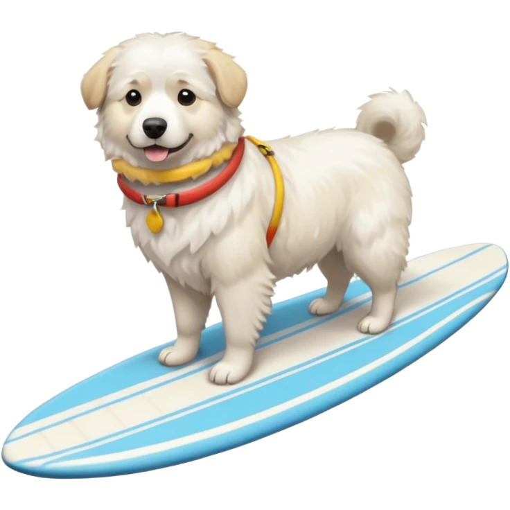 Chien  blanc Montagne des Pyrénées sur une planche de surf emoji