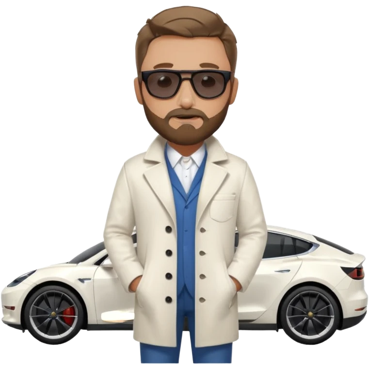 White tesla model 3 with one cool physician with dark blond hair, beard and dark sunglasses next to it emoji