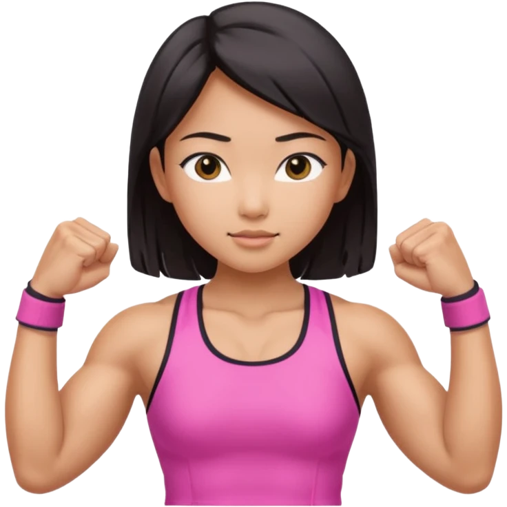 Athletic Asian girl show biceps wearing pink emoji