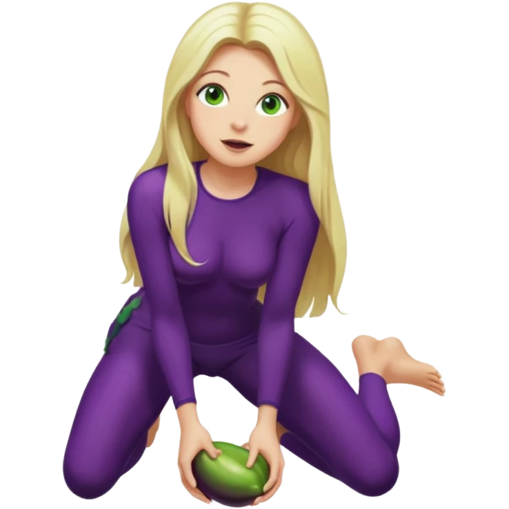 Naked woman tits out long blonde hair green eyes full body skinny legs no clothing kneeling eggplant in mouth emoji