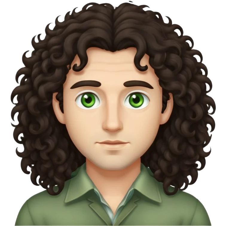 man with long, voluminous dark brown curly hair and light green eyes emoji