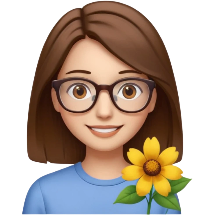 Hawaii female with fair skin. Shoulder length straight brown hair. Brown eyes with glasses. Flower in hair emoji
