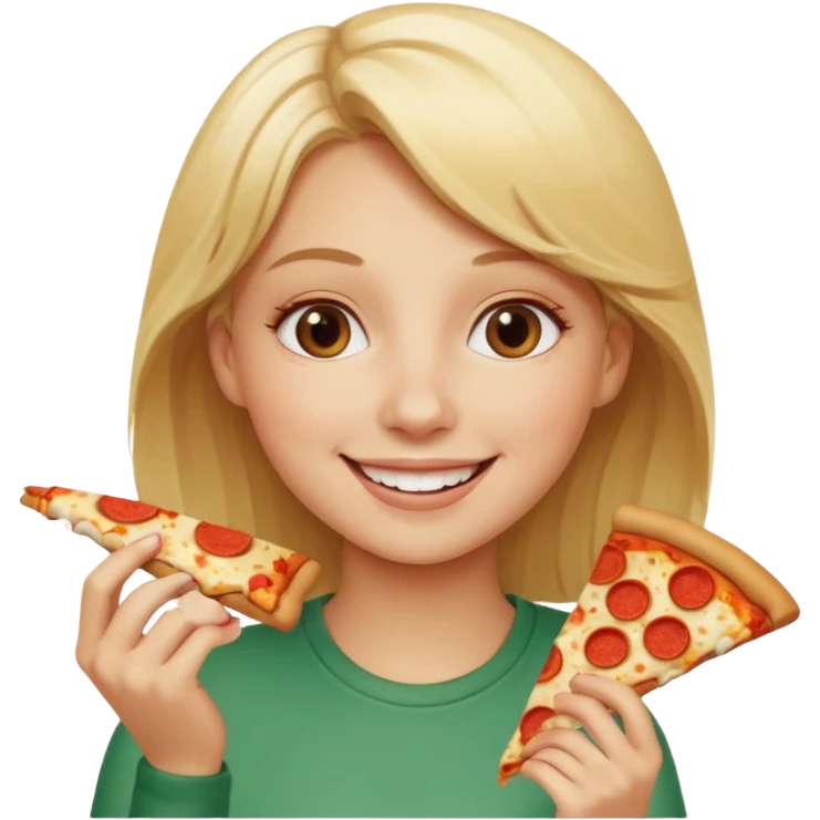 Blonde girl eating pizza smiling emoji