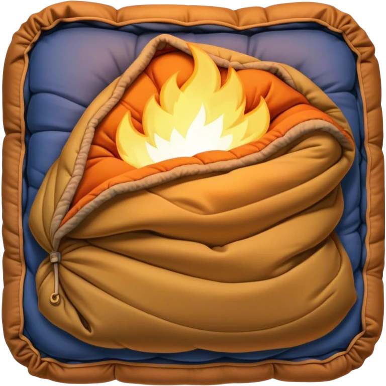 Cinematic Realistic Sleeping Bag, plush and slightly wrinkled, rich fabric texture catching the firelight, glowing with warmth and inviting coziness, nestled within a peaceful campsite. emoji