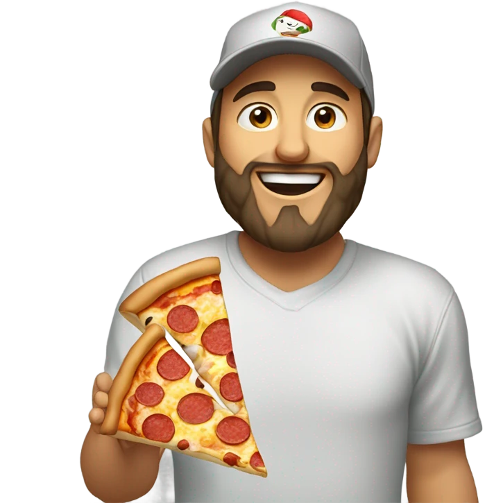 Happy brunette man with beard in a plain baseball cap and hoodie happily eating pizza emoji