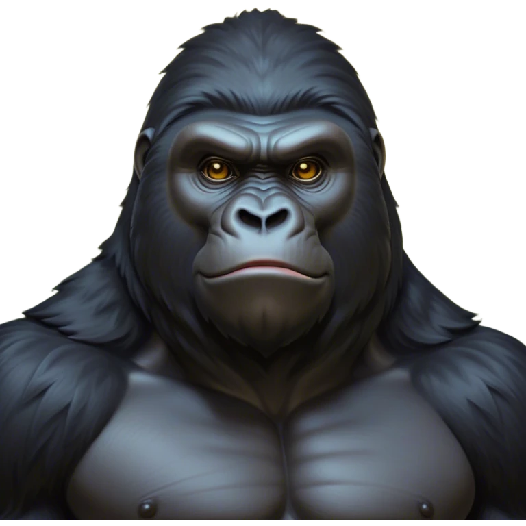 Cinematic Noble Gorilla Portrait Emoji, Poised and commanding, with a massive, muscular build cloaked in dense, rich fur and deep, soulful eyes, Simplified yet sharp and sophisticated features, highly detailed, glowing with a soft, dignified jungle glow, high shine, intelligent and formidable, stylized with an air of primate majesty, focused and authoritative, soft glowing outline, capturing the essence of a watchful guardian that feels as though it could step out of the screen with effortless authority! emoji