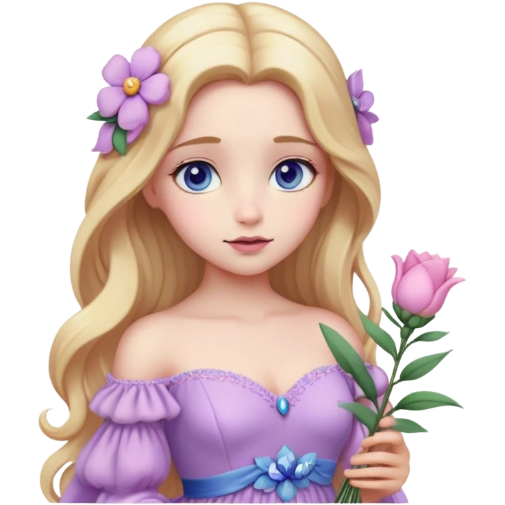 Cinematic Realistic Rapunzel Portrait, with porcelain-like skin featuring a subtle, natural glow, illuminated by soft lighting that brings out the gentle contours of her face. Her long, golden blonde hair cascades in detailed waves, each strand highlighted with a radiant shimmer as it catches the light. She playfully holds a flower in one hand, her other hand resting casually in her lap, with a warm and spirited expression. Her bright, expressive green eyes exude curiosity and warmth, framed by delicate lashes and soft, arched brows. She is dressed in her classic lavender and pink gown, the fabric textured with delicate folds that flow naturally, catching the light with a soft, radiant glow. The portrait captures a luminous, enchanting aura, seamlessly blending realism with a whimsical, fairytale charm, evoking a timeless sense of beauty and magic. emoji