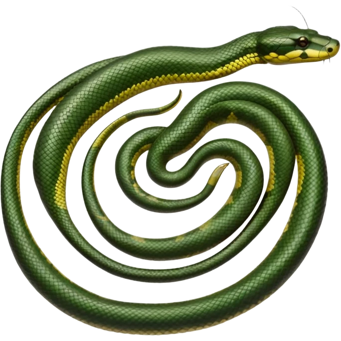 A photo-realistic top-down view of a Green Anaconda tightly coiled in a spiral, with its broad, flat head resting at the center. Its thick, muscular body is olive-green and covered in symmetrical, bold black oval spots that stand out against its smooth scales, creating striking natural camouflage. emoji