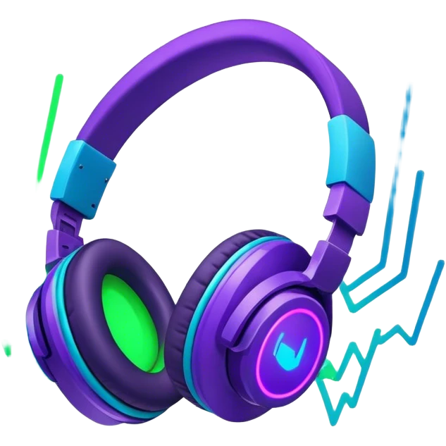 Create a creative and technical emoji that represents sound design. The design should feature a soundwave, a pair of studio headphones, and an audio synthesizer or soundboard to symbolize the manipulation and creation of unique soundscapes. Add subtle elements like audio cables, a mixing console, or a waveform to reflect the technical aspect of sound design. Use vibrant, futuristic colors like neon blue, purple, and green to represent innovation and creativity in sound. The background should be transparent. emoji