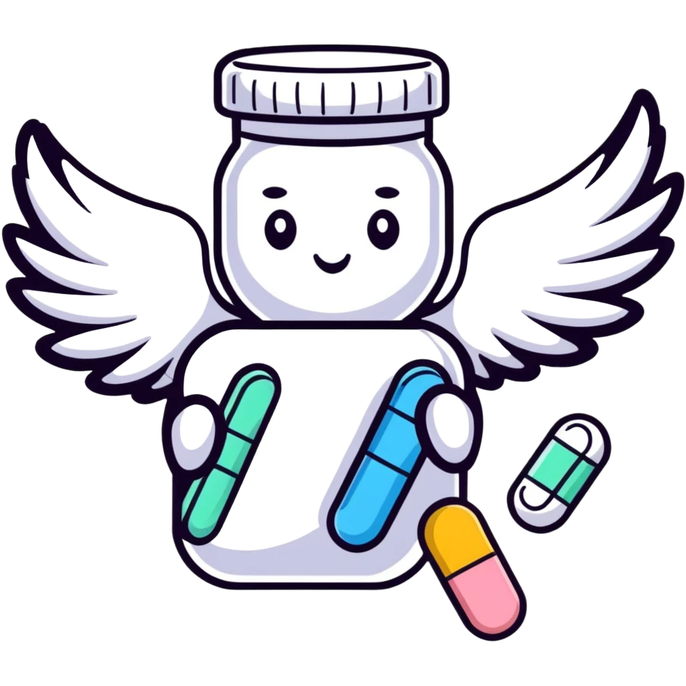 Cute medicine pill or capsule with angel wings flying emoji