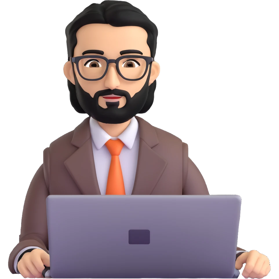 professional middle eastern businessman with well-groomed medium length black beard, neat black hair, connected eyebrows, elongated nose, tan skin, brown eyes, modern glasses, wearing perfectly pressed business casual outfit, efficiently working on a laptop emoji