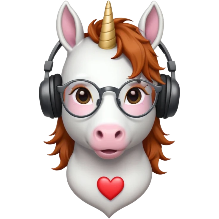 headphone wearing white unicorn with dark ginger hair and heart shaped spectacles very unicorn looking emoji