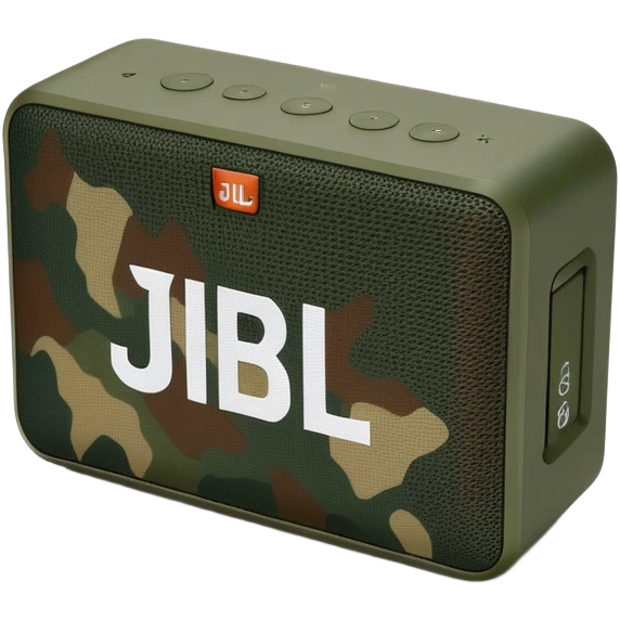Ultra minimal JBL Go 4 bluetooth speaker with green and brown camouflage pattern, sleek design, simplified controls emoji