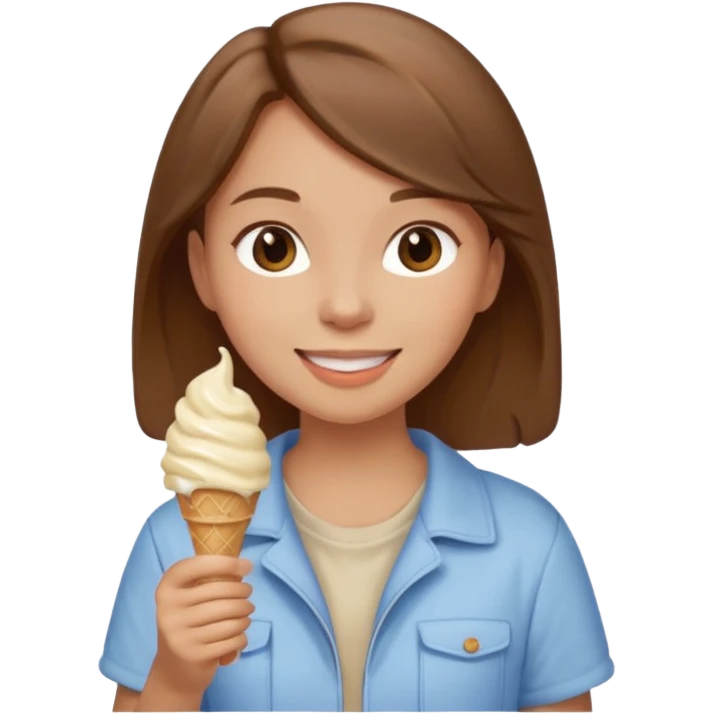 Un fille  brune au vêtement  beige qui mange une glace emoji