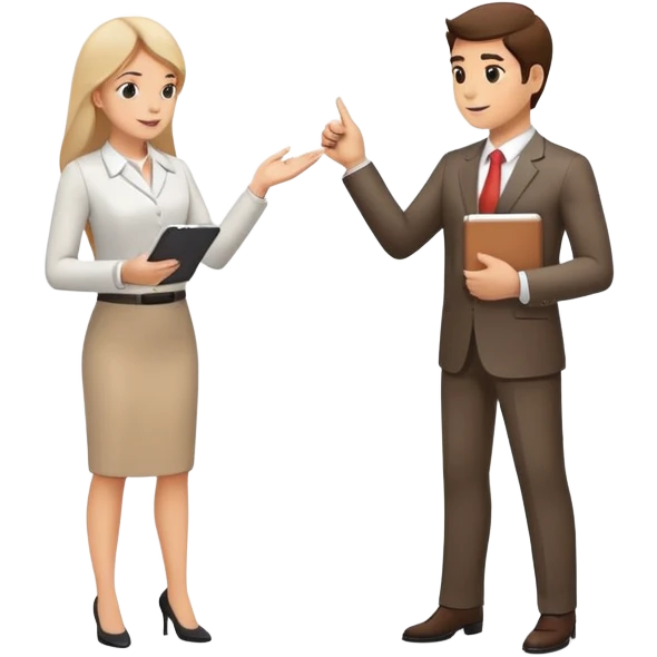 two team members facing each other, one holding a notepad and the other gesturing, in a collaborative pose emoji
