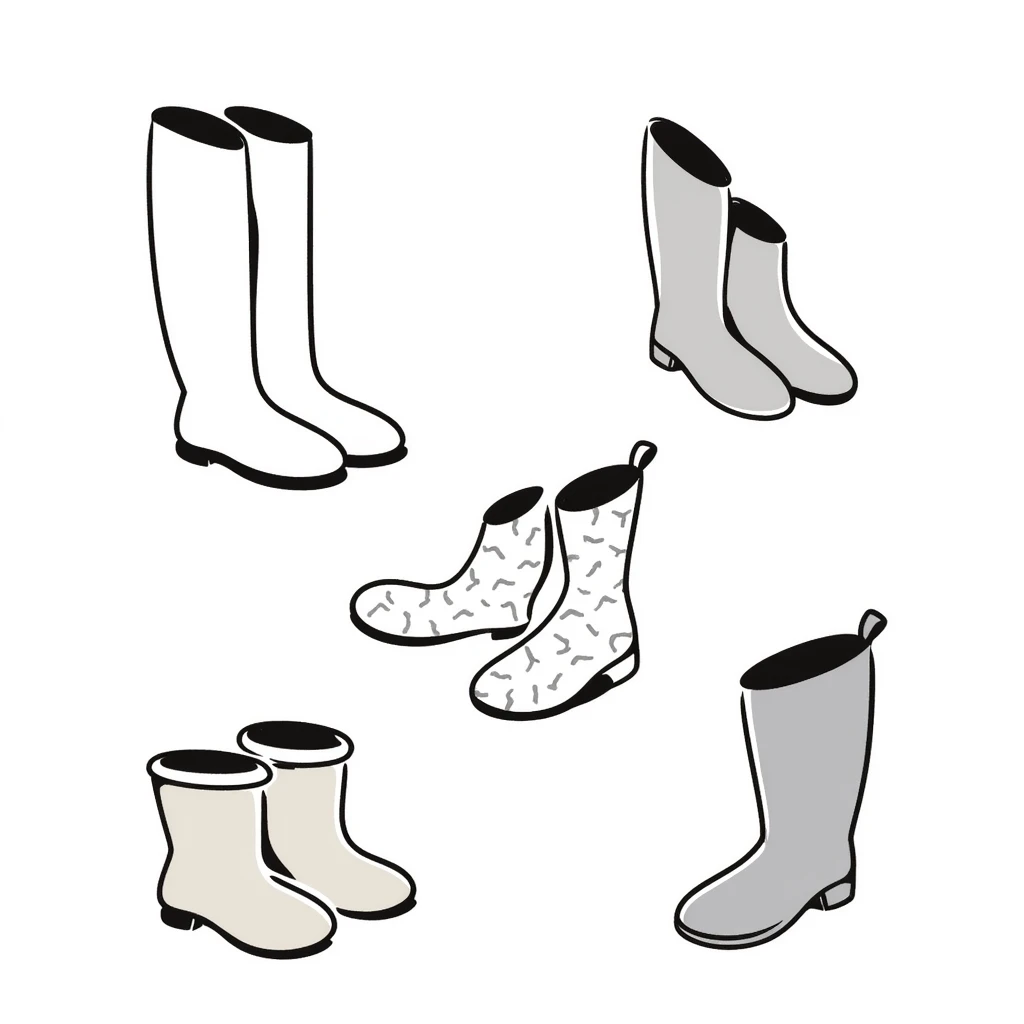 Rubber rain boots/wellington boots in pastel colors (dd9fb0, ffc6d3, a3bfc9, c4bee2, f1b091), hand-drawn doodle style emoji