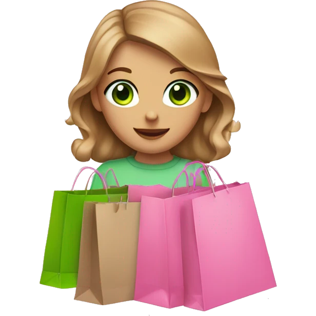 cute light brown hair with green eyes wearing pink surrounded by pink shopping bags emoji