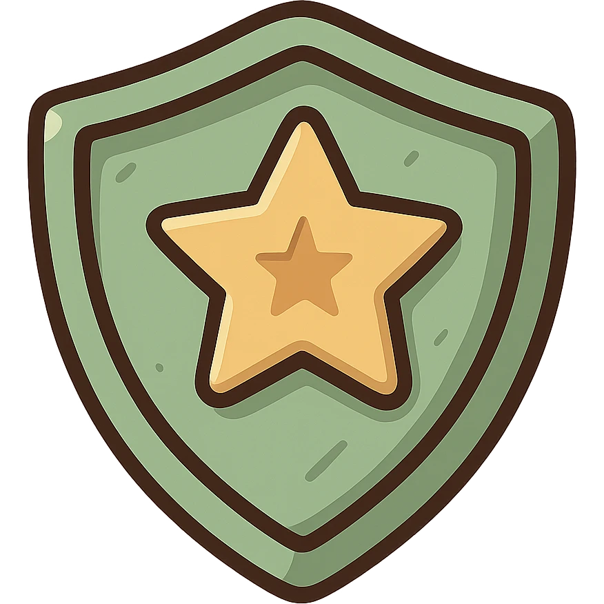 flat design style game icon of a green shield with a star emblem, flat colors, modern look emoji