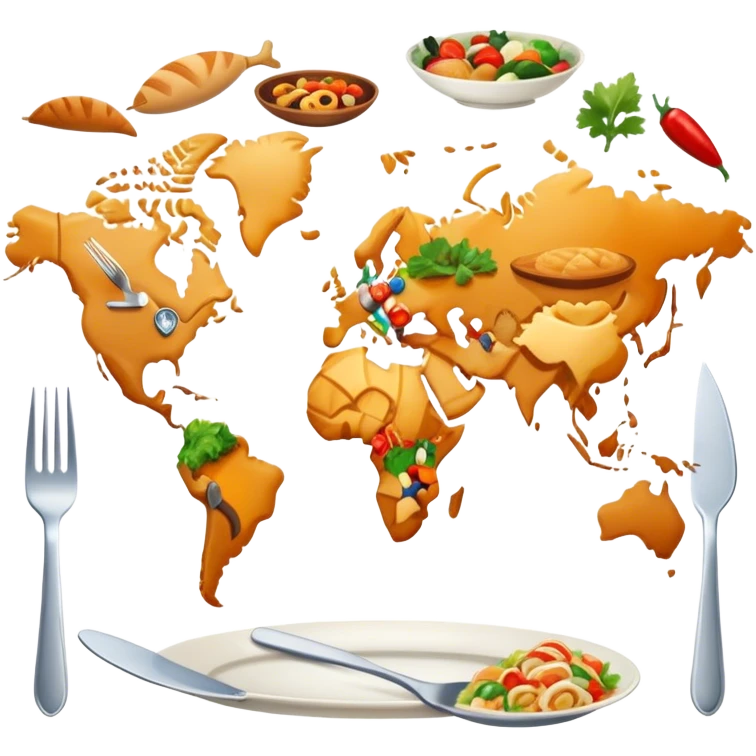Icon for Culinary Tourism: a world map with food elements like a fork, knife, and dish, surrounded by iconic dishes from various countries. The icon should represent the exploration of global cuisines and travel experiences. Transparent background. emoji
