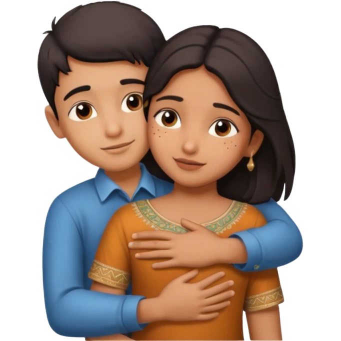 indian boy hugging indian girl from behind... boys hand down near navel of girl... boys head on the shoulder of girl... hugging tight.. more romantic emoji