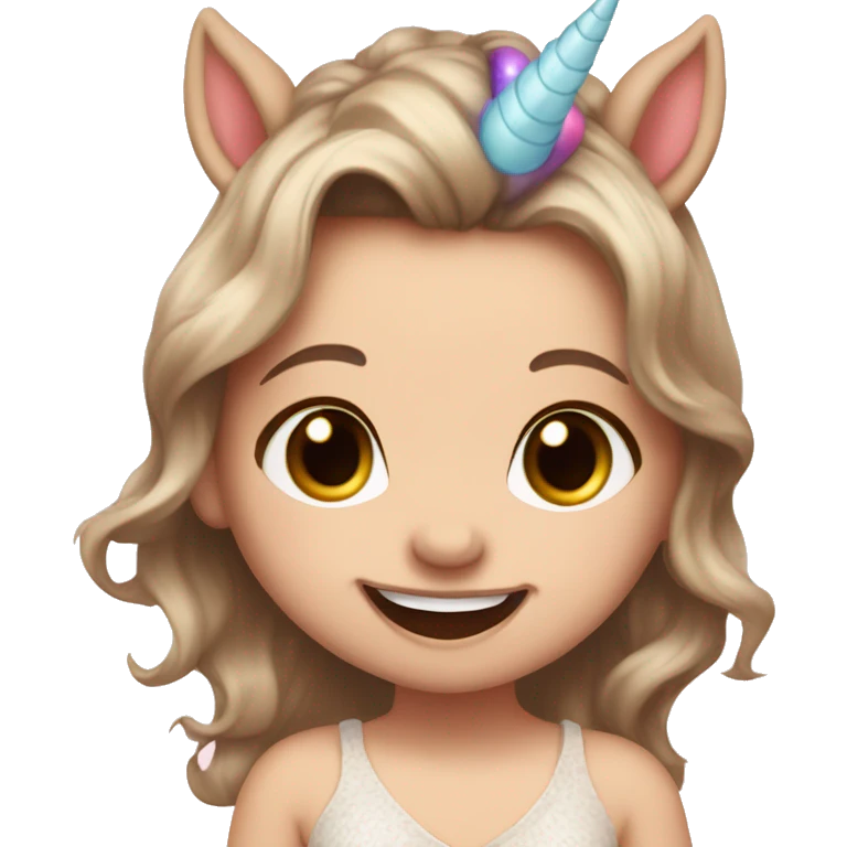 newborn with pale skin, hazel eyes, straight brown hair, wearing unicorn headband and big smile and tongue out emoji
