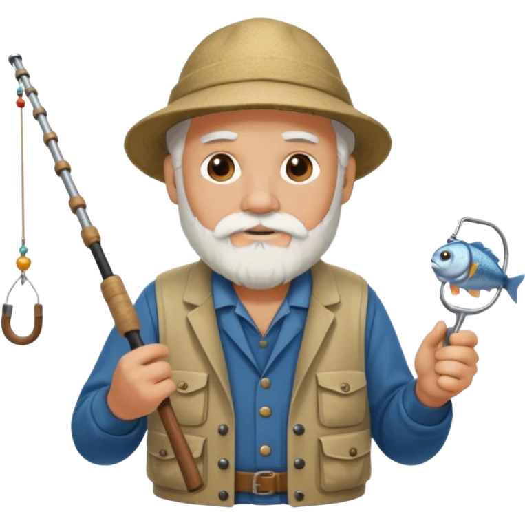 an old white haired, bearded man in fisherman attire, sat in a big boat on a calm sea, holding one fishing rod in one hand, with the end of the fishing line touching the water emoji