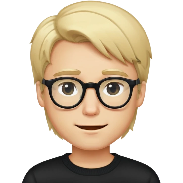 A cute guy with blond hair and slightly longer than usual hair, wearing strict glasses, a black sweater, winks emoji