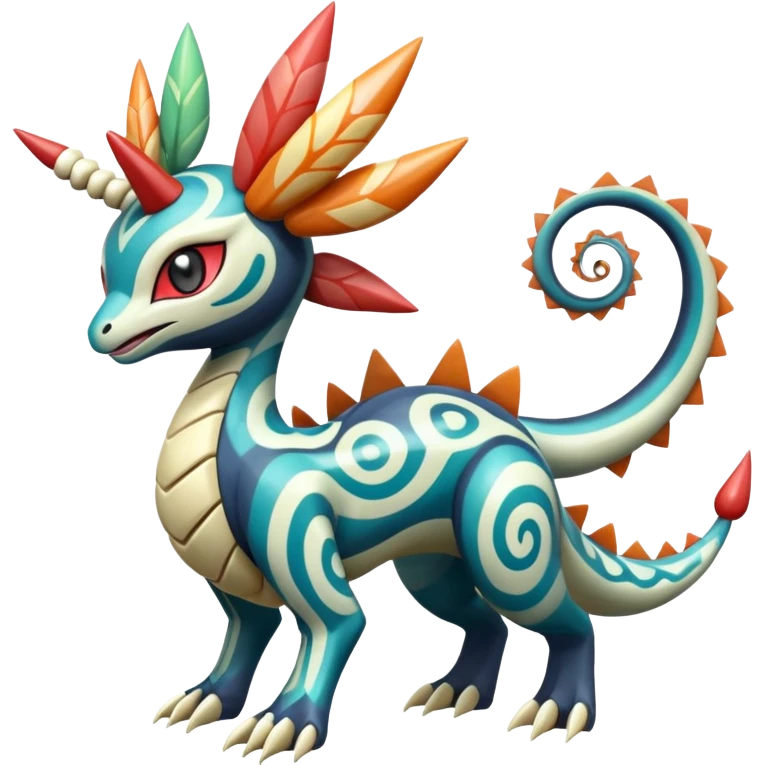 zig-zag-patterned clownish colorful exotic fruity tribal tropical hot swirl-marked Meloetta-Dialga-Salamence-Giratina-Noivern-Pokémon-Fakémon-fusion-hybrid-creature emoji