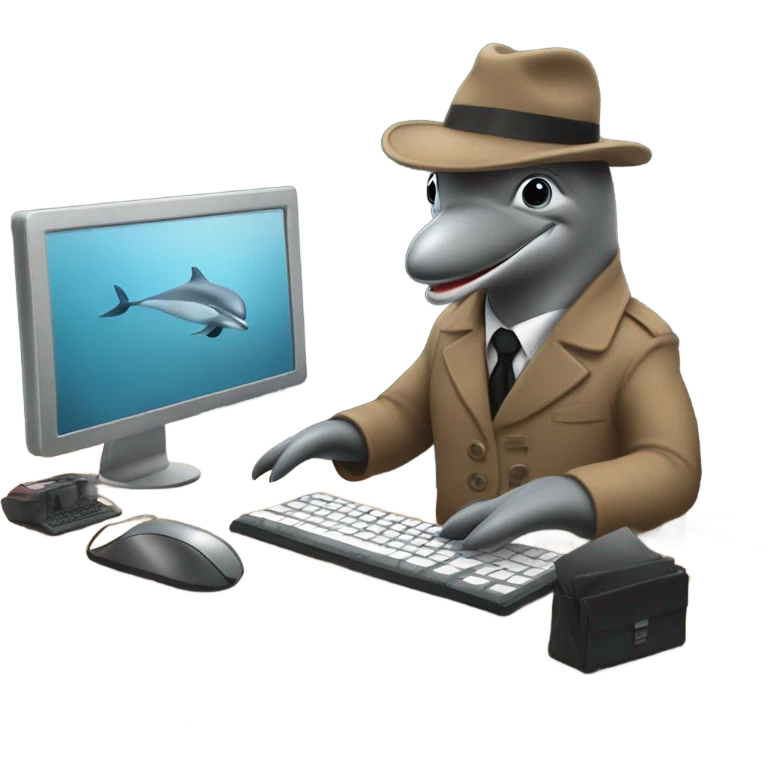 Dophin but a spy wearing a coat and a hat in brown and in a office typing on a computer  emoji