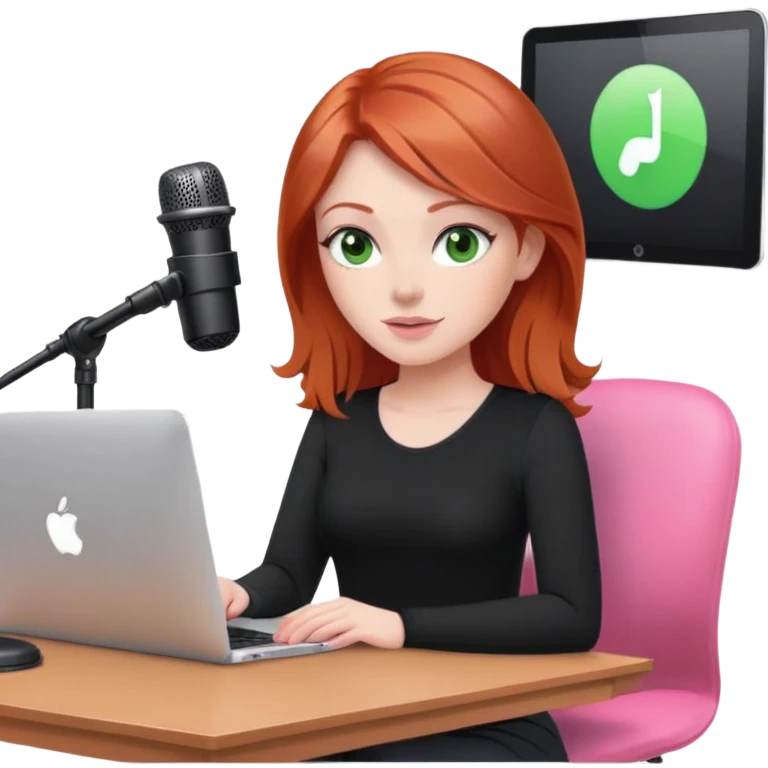 Redhead with green eyes sat at desk with pink MacBook and  podcast microphone black top and pink chair  emoji