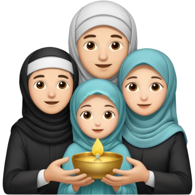 Lebaran. Keluarga terdiri dari Ayah dan ibu, 3 orang anak yang terdiri dari dua anak laki-laki dan seorang anak perempuan yang merupakan anak terkecil. Ibunya menggunakan cadar. emoji