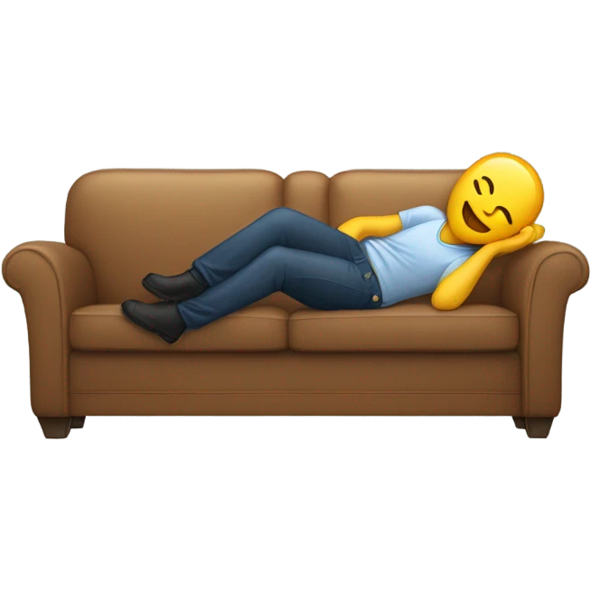 A person lying on a sofa, one leg crossed over the other, with hands behind the head, relaxing in a cozy setting, emoji skin emoji
