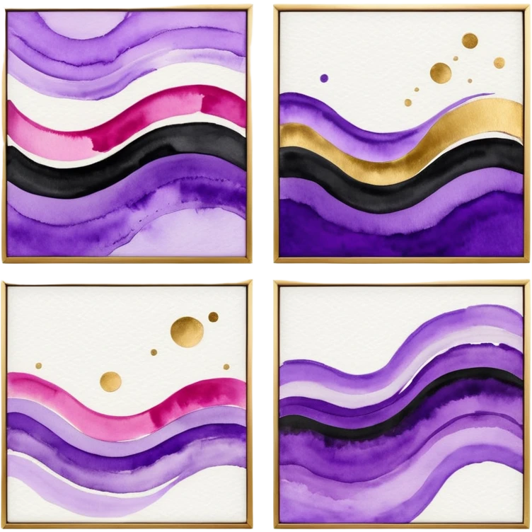 Black, white, gold, purple, abstract Watercolor paintings on three small canvases hanging next to each other  emoji