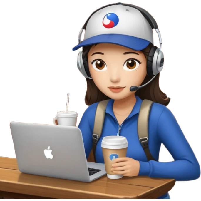 A Korean girl at a dive bar with a laptop and headphones on holding a cup of coffee emoji